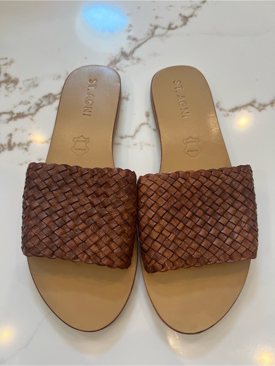 St. Agni Shoes - St. Agni Brown Woven Leather Slide Mules